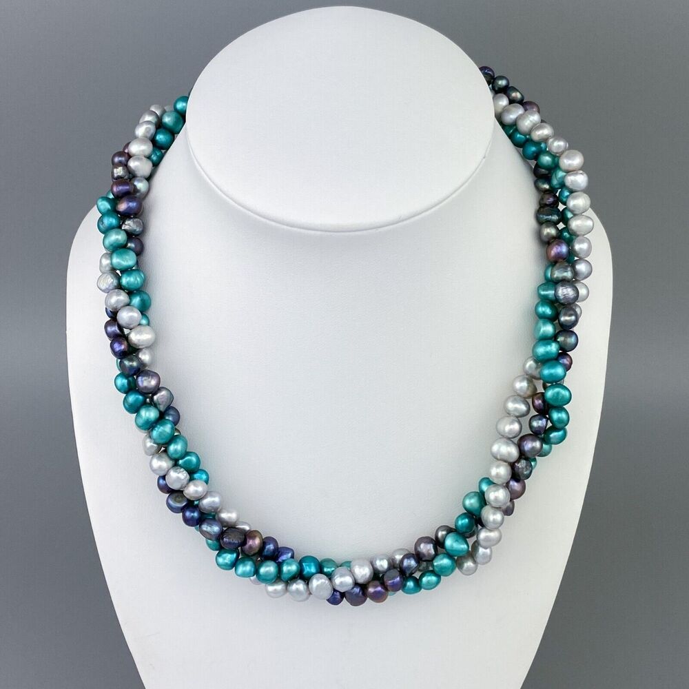 Vintage Sterling Silver 925 Purple Gray Blue Pearl Necklace 17"-18.5"